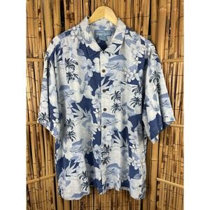 Bermuda Bay 100% Silk Hawaiian Shirt‎ Blue White Short Sleeve Button Up Size 2XL